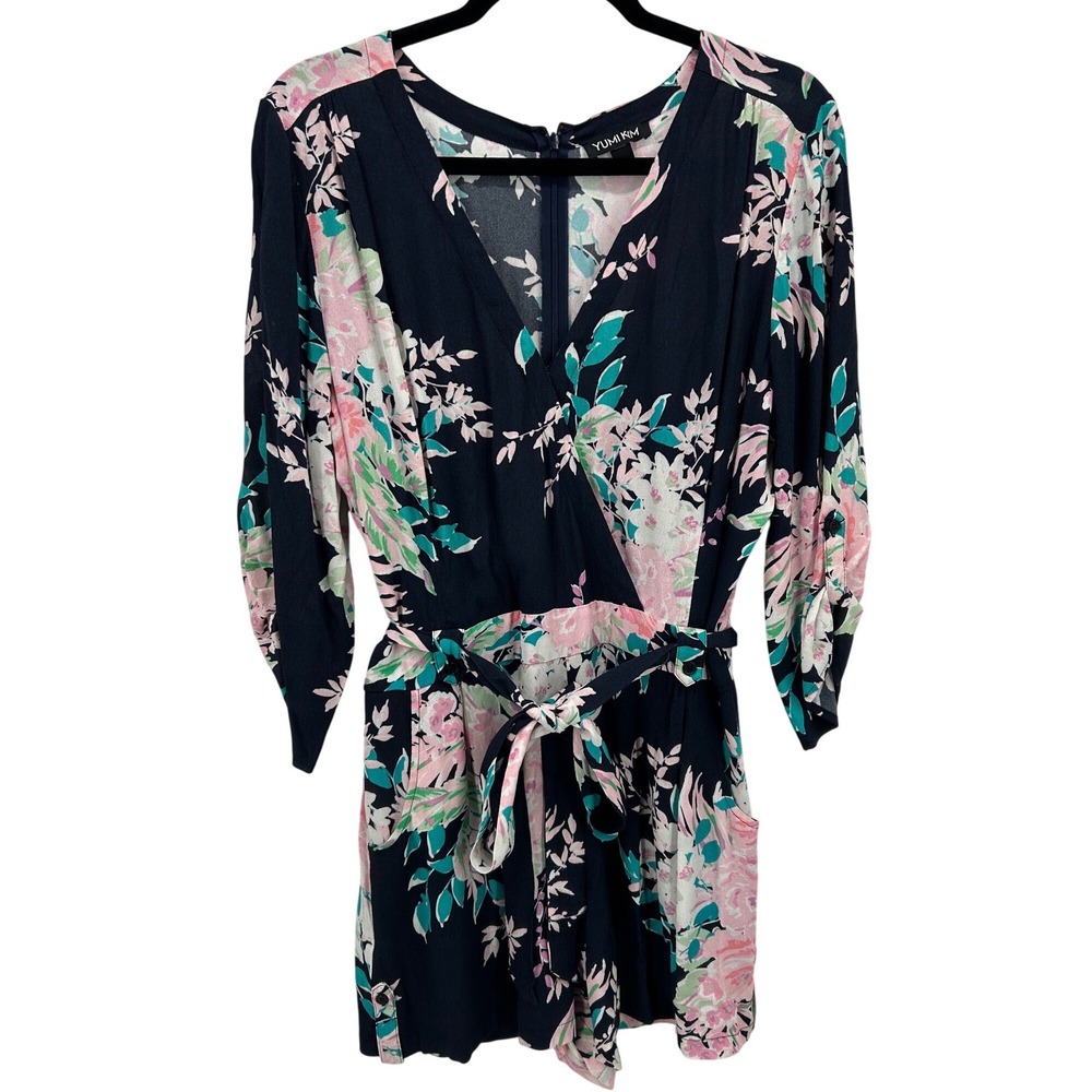 Yumi Kim‎ Navy Floral Romper Lightweight V-Neck Belted Boho Indie Resortwear L